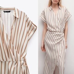 ZARA NWT Striped Ecru Draped Wrap Dress Midi Length Business Casual Size XL
